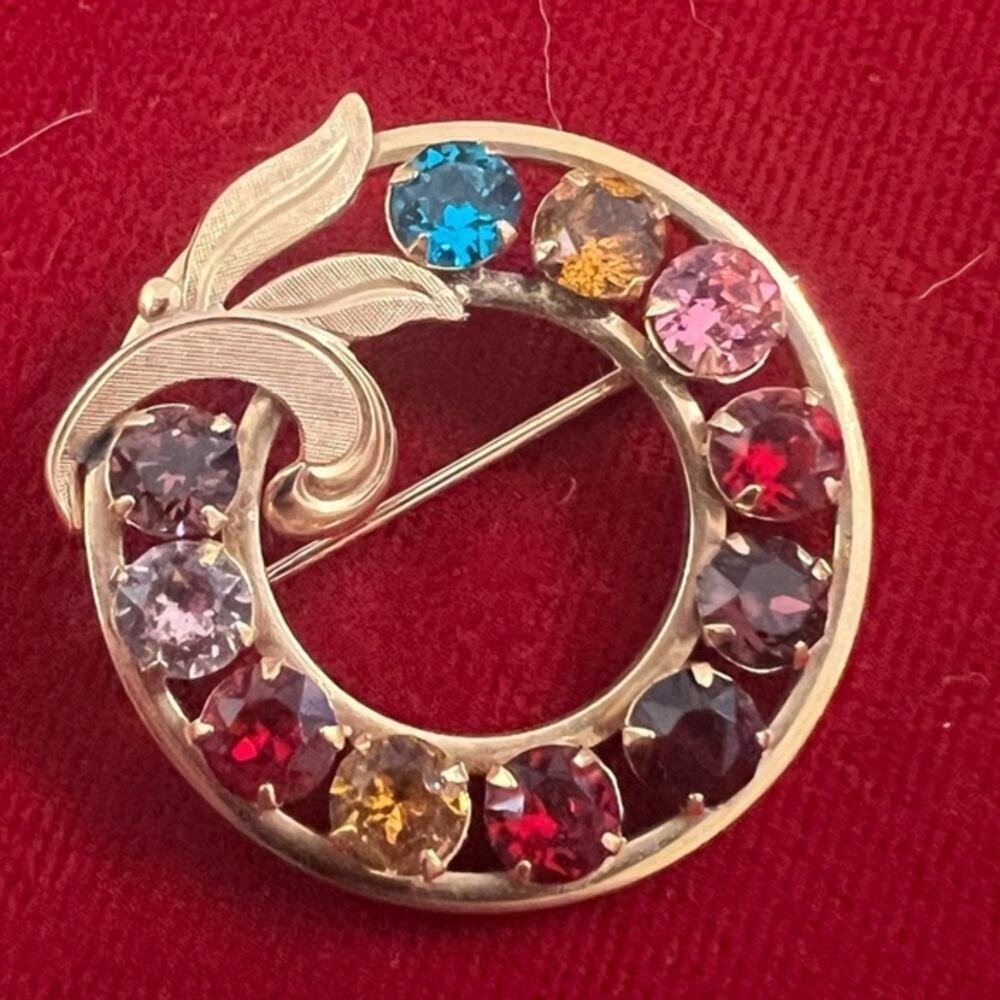 Vintage VAN DELL 1/20 12K GF Multi Color 11 Stone Rhinestone Brooch Pin 1 1/4"